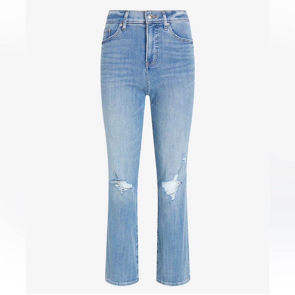 Express High Waisted Light Wash Ripped Straight Ankle Jeans - Picture 6 of 8